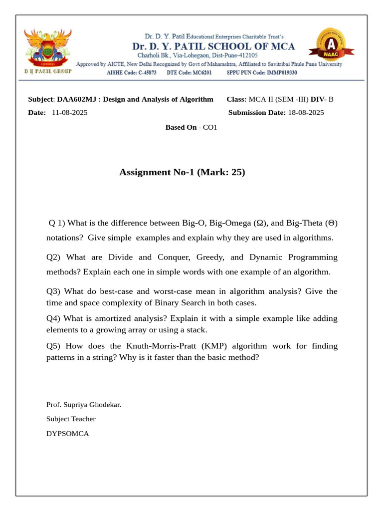 Design and Analysis of Algorithms Assignment | PDF
