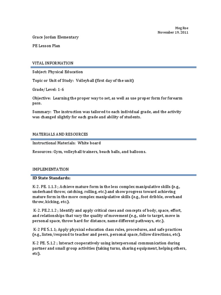 Meg Roe Lesson Plan Grace Jordan Elementary Final PDF Physical