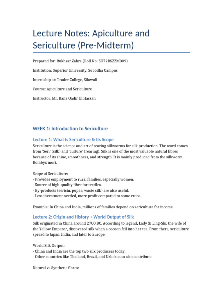 Apiculture Sericulture Lectures PreMid | PDF | Silk | Fibers