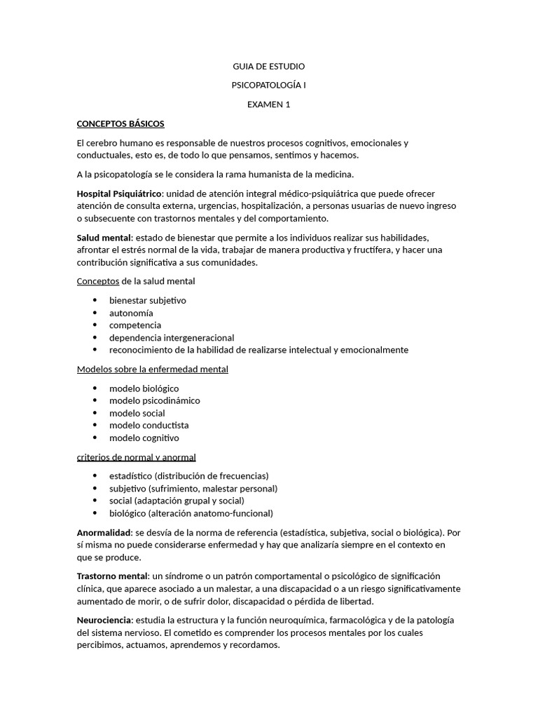 Guía de Estudio en Psicopatología I | PDF | Memoria | Salud mental