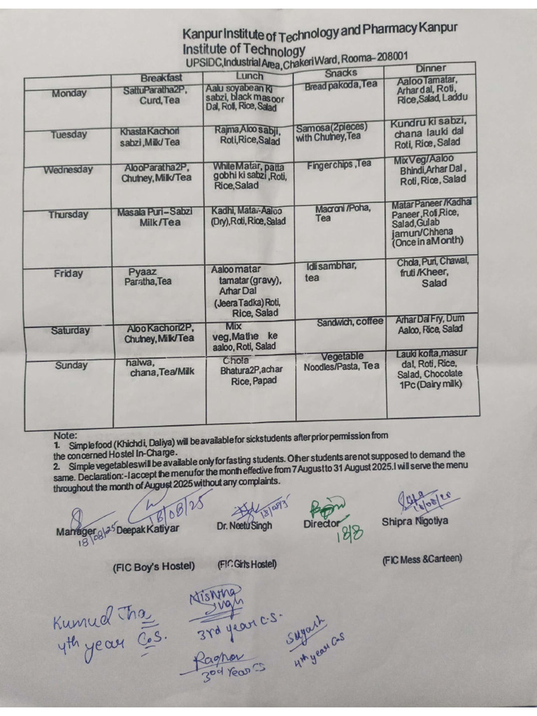 Mess Menu (August) | PDF