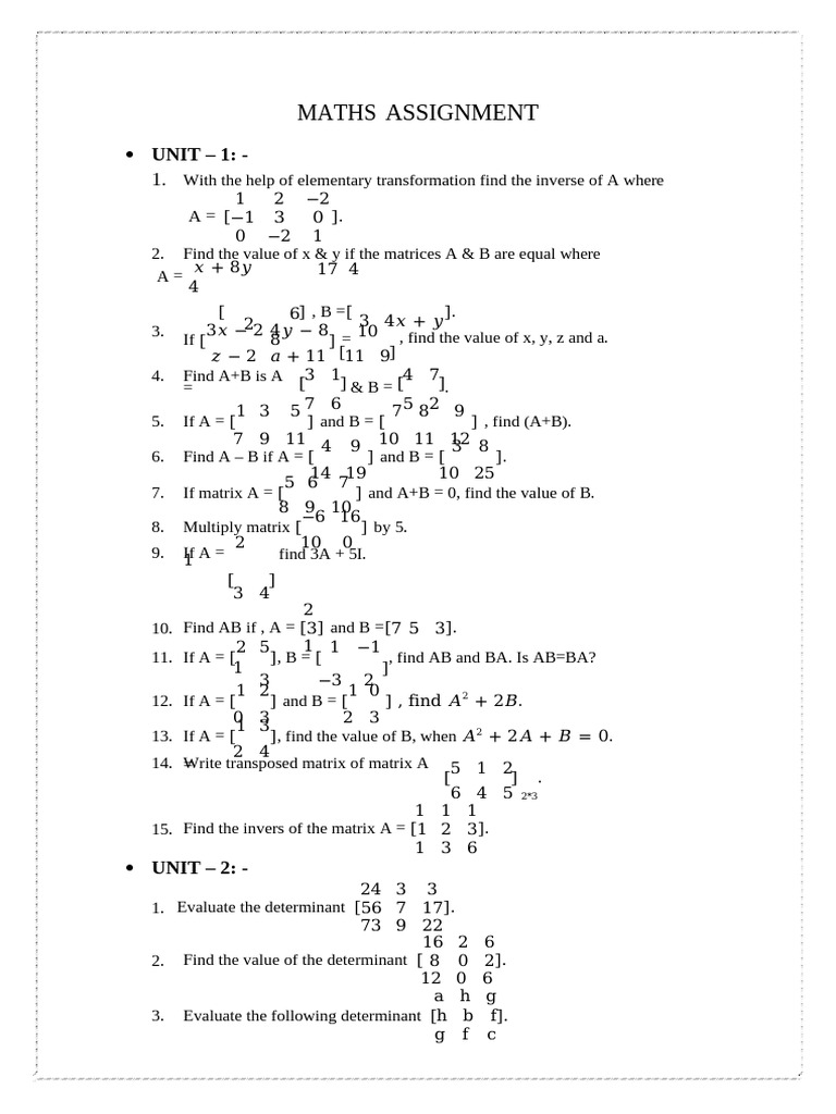 Maths Assignment on Matrices and Determinants | PDF | Determinant ...