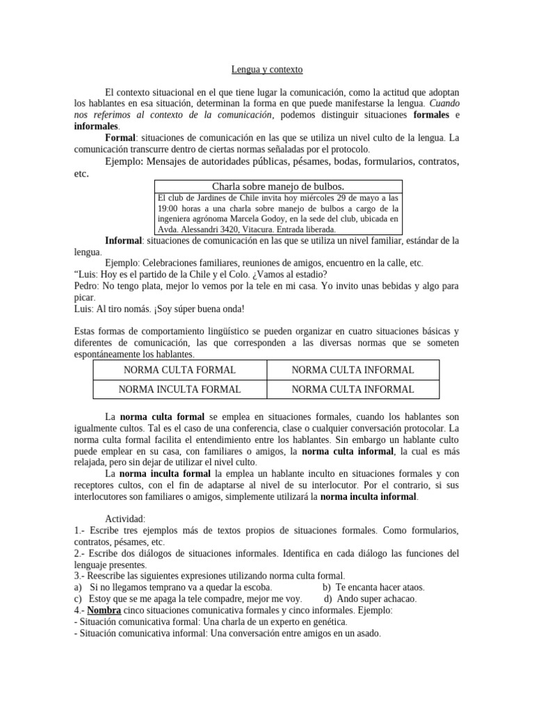 Lengua y Contexto: Comunicación Formal e Informal | PDF | Lingüística ...
