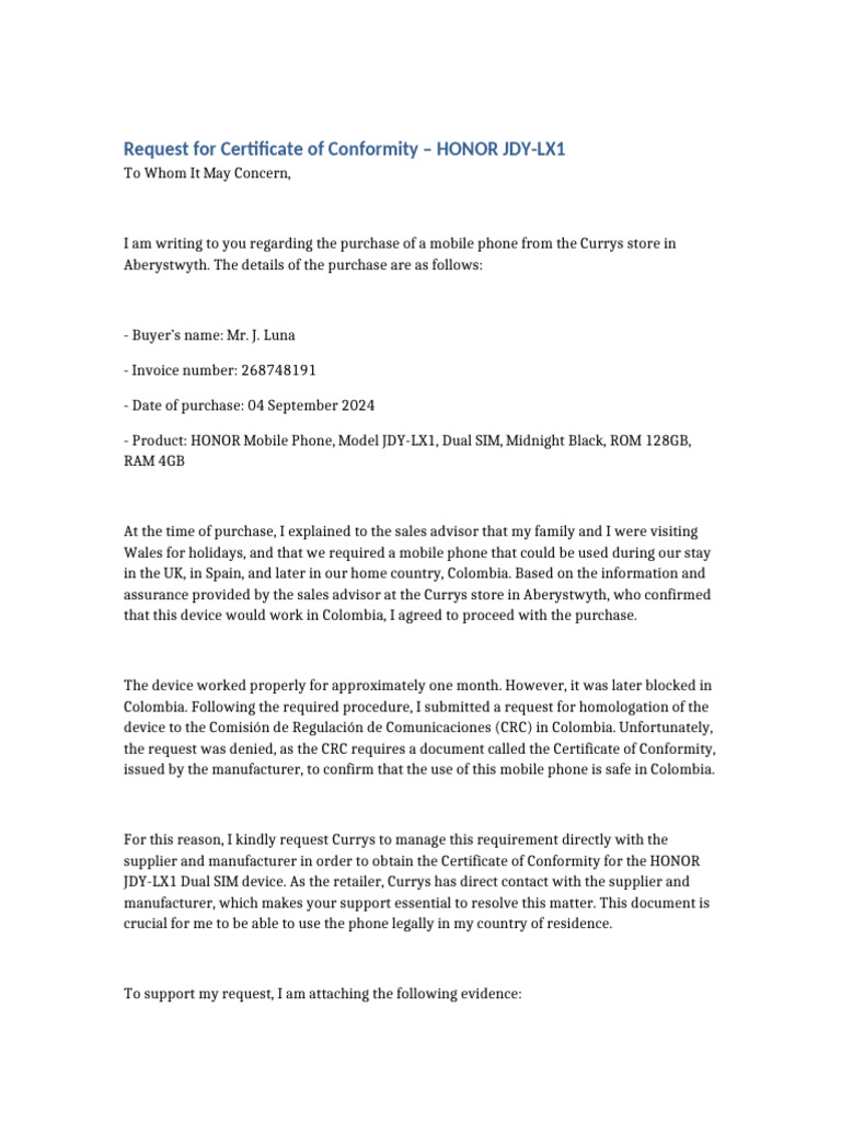 Request for HONOR JDY-LX1 Conformity Certificate | PDF
