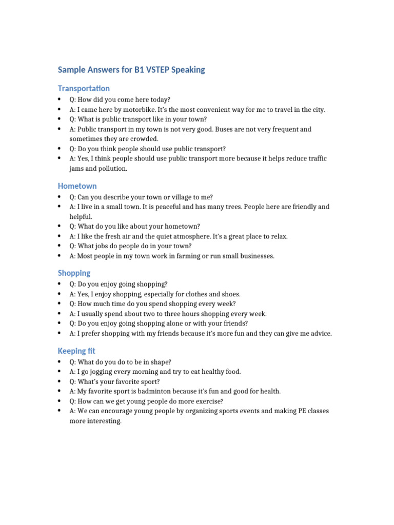 B1 VSTEP Speaking Sample Answers | PDF