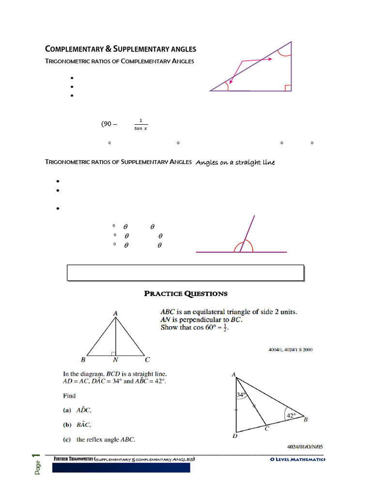 Trigonometric Ratios: Complementary & Supplementary | PDF ...