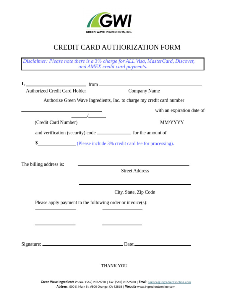 Credit Card Form Visa MC Disc Amex - Orange | PDF