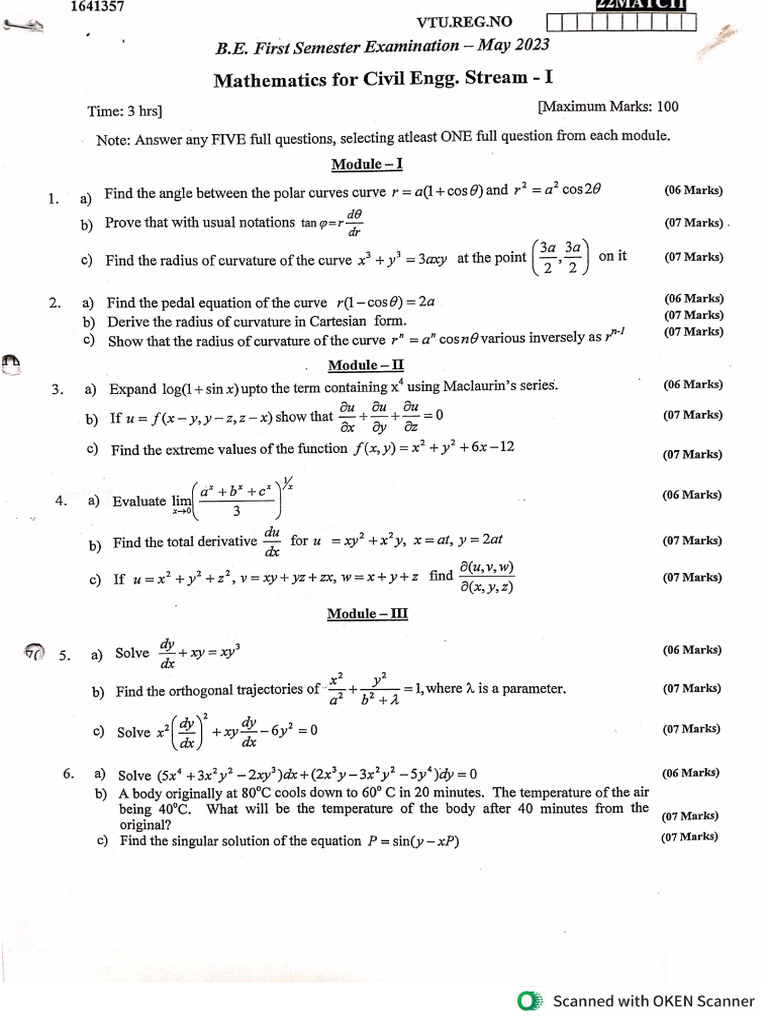 M1 Mathematics Question Paper All Stream | PDF