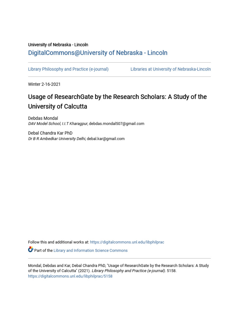 ResearchGate Usage Among Calcutta Scholars | PDF | Science | Inquiry