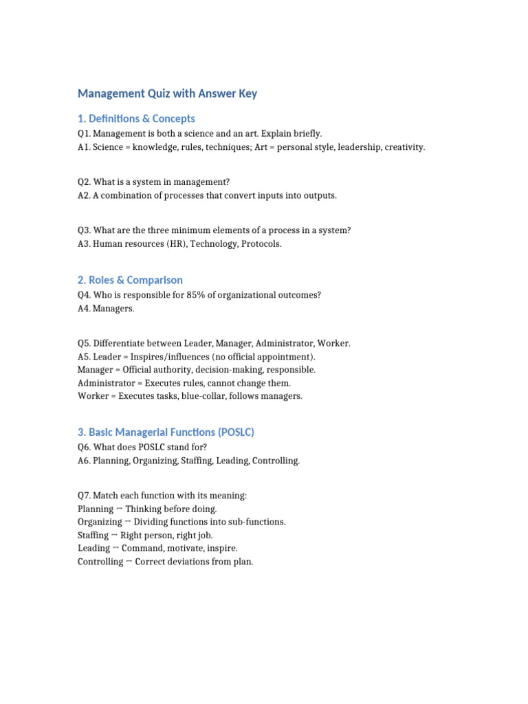 Management Quiz with Key Concepts | PDF | Business | Business Economics