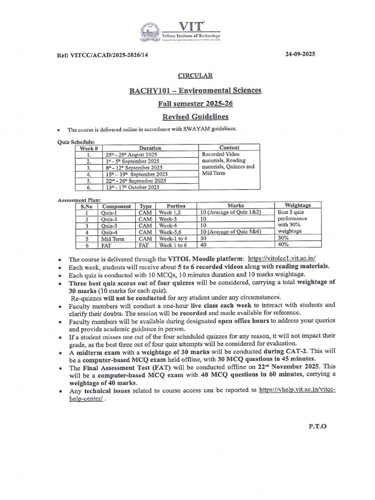 Fall Semester 2025-2026 - VITOL Freshers Evaluation Pattern | PDF
