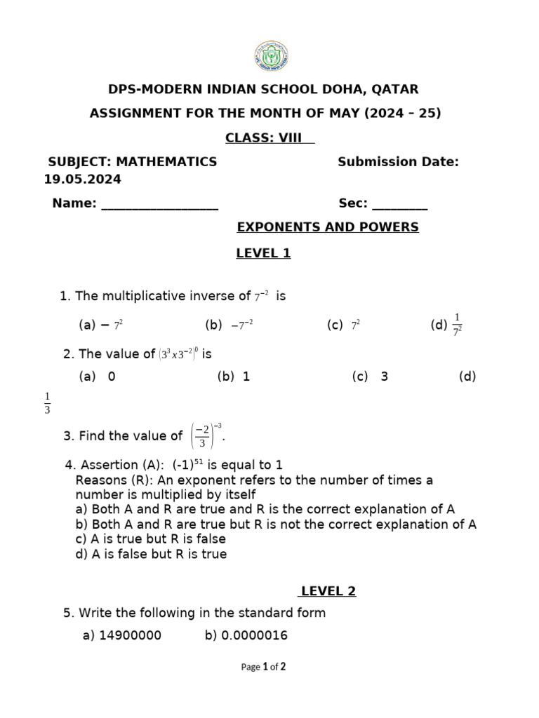 Class VIII Math Assignment: Exponents | PDF | Exponentiation | Mathematics