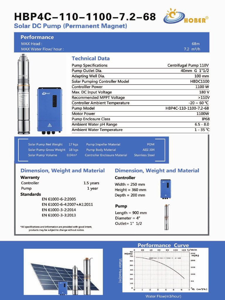1100W Solar DC Pump Specifications HBP4C-110-1100-7.2-68 | PDF