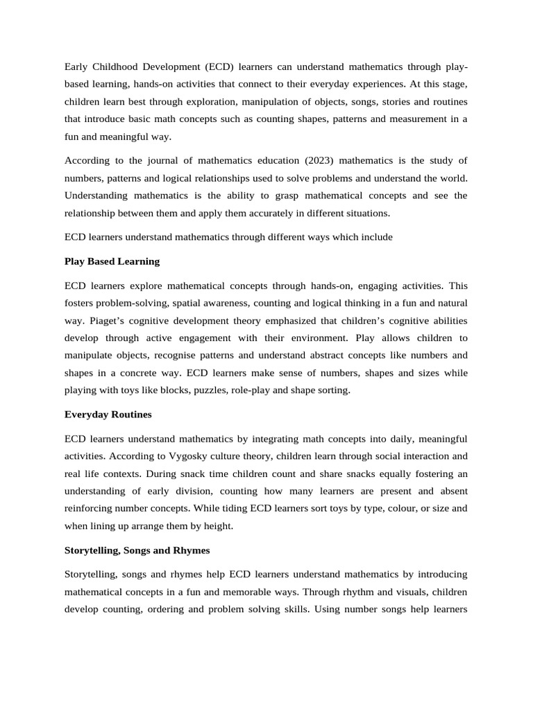 Play-Based Math Learning for ECD | PDF | Teaching Mathematics | Concept