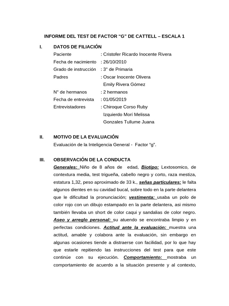 Informe Del Test de Factor G de Cattell 1 | PDF | Cociente de ...