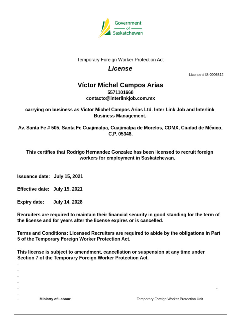 Saskatchewan Foreign Worker License | PDF