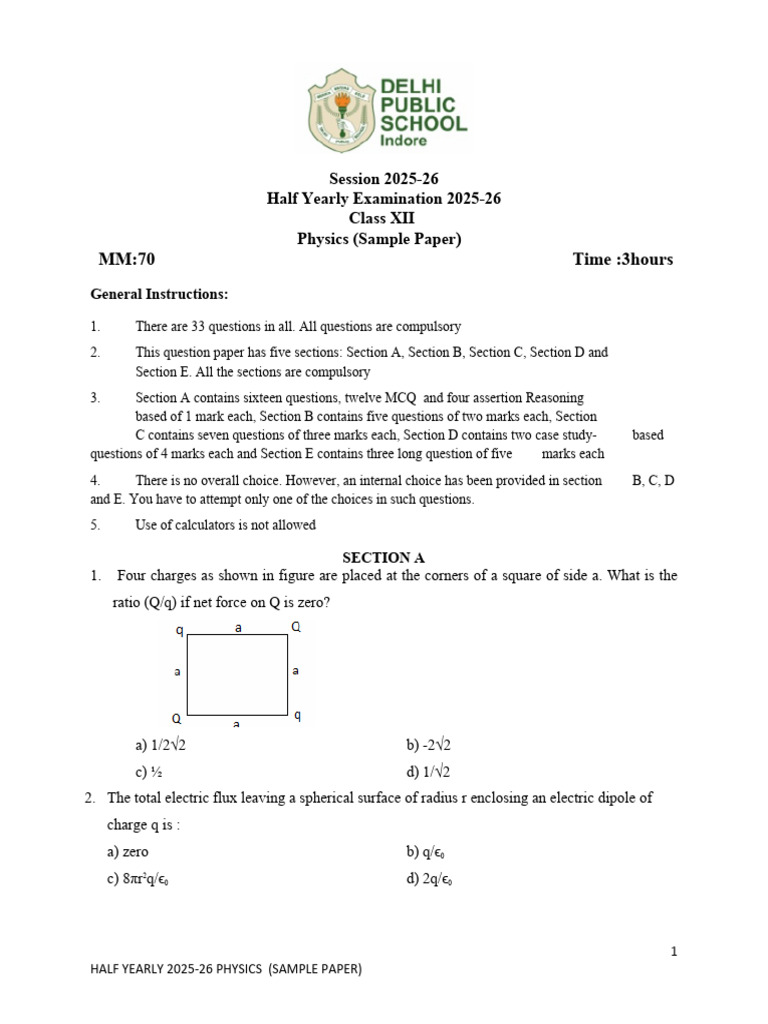 HY Class XII Physics Sample Paper 2025-26 | PDF | Inductor | Waves