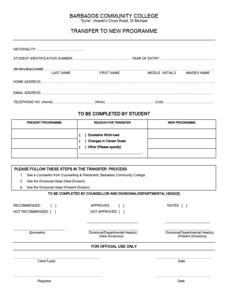 Barbados Community College Transfer Form | PDF