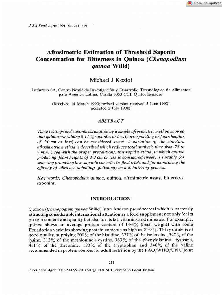 Quinoa Bitterness and Saponin Levels | PDF | Quinoa | Taste