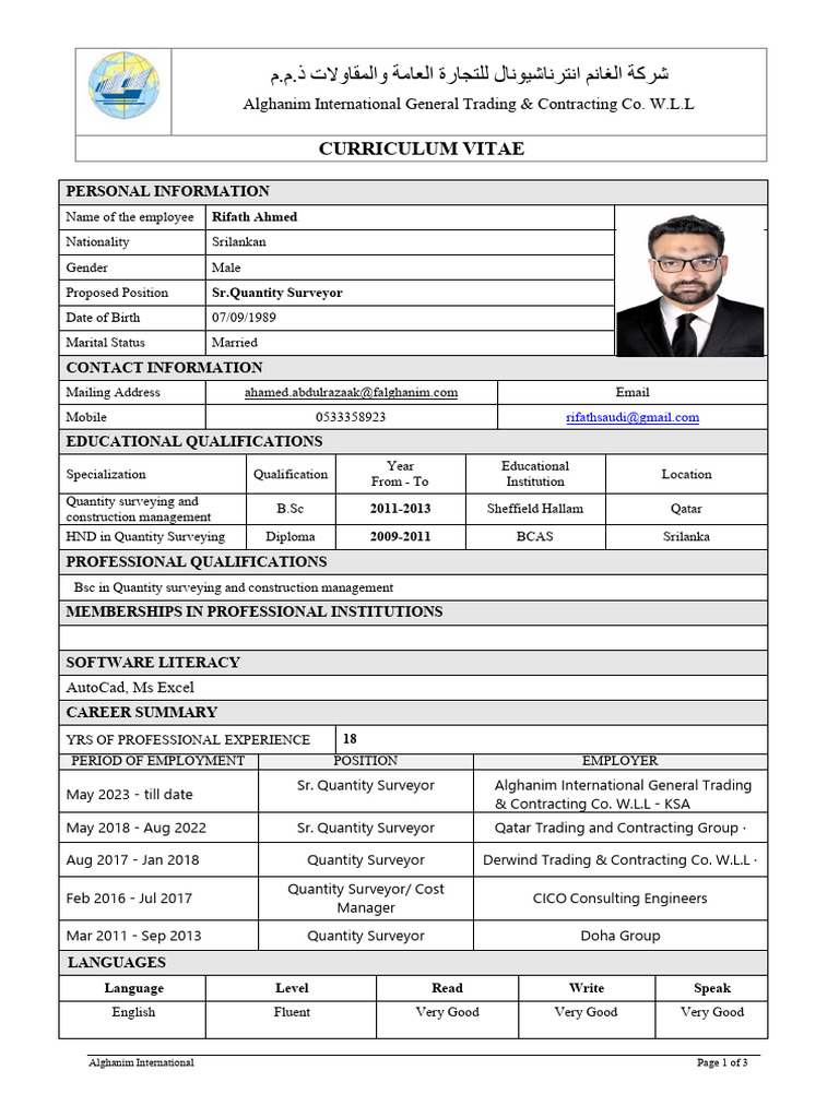Curated visual reference: Sr Quantity Surveyor Cv Rifath Ahmed Photo Inspiration