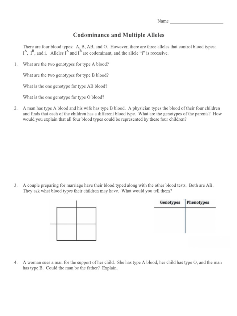 Codominance and Multiple Alleles Worksheet | PDF
