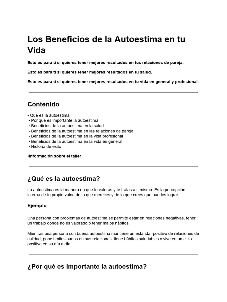 Los Beneficios de La Autoestima en Tu Vida | PDF | Autoestima | Amor