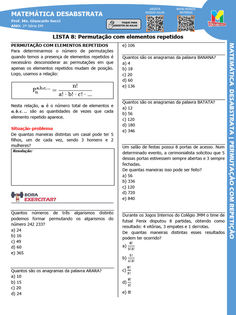Permutação com Repetição: Exercícios e Teoria | PDF | Permutação ...