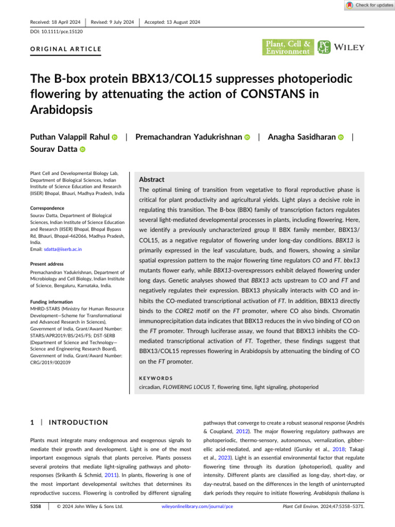 Plant Cell Environment - 2024 - Rahul - The B Box Protein BBX13 COL15 ...