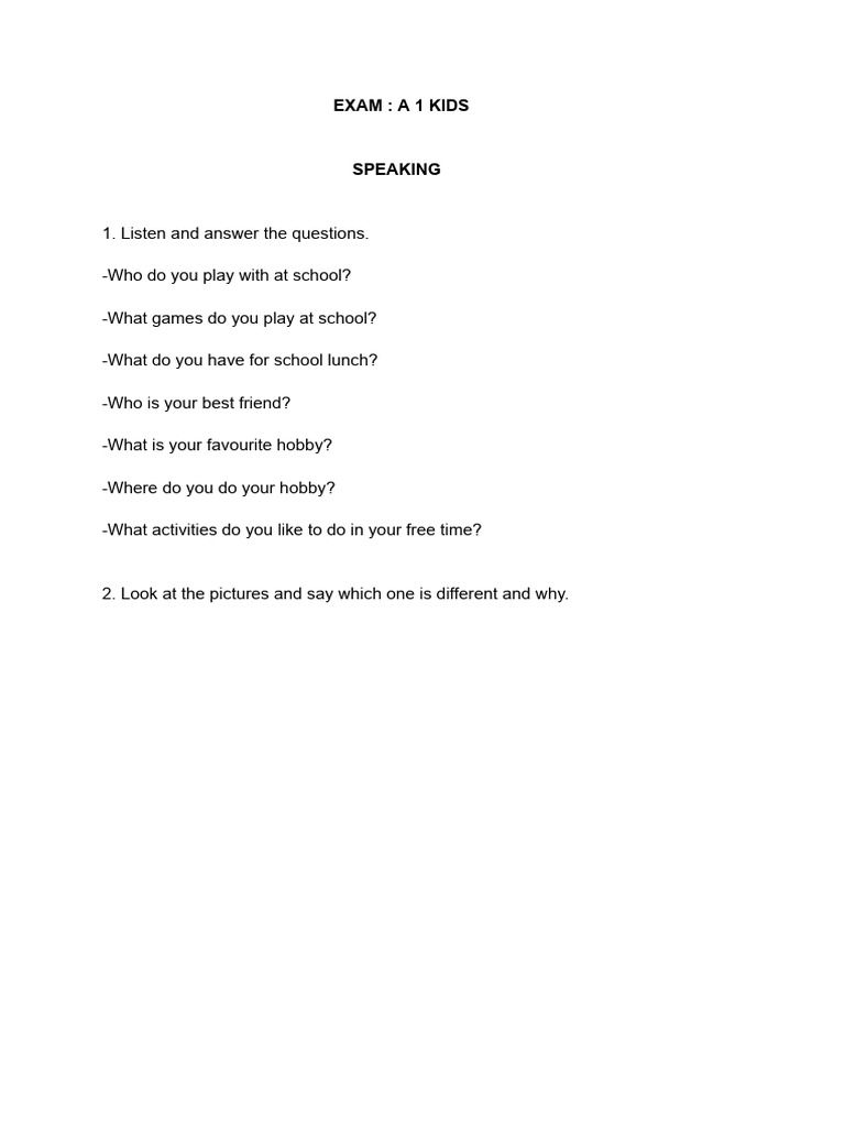 Kids Speaking Exam Questions Guide | PDF