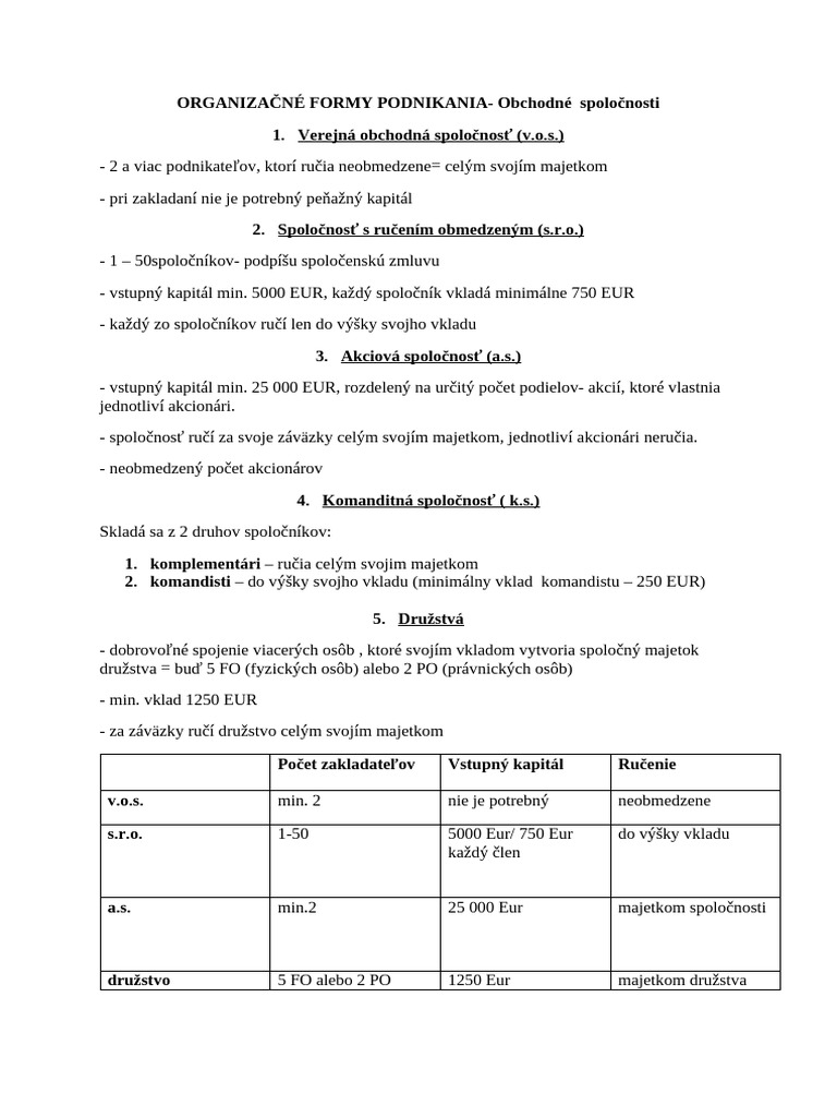 Organizačné Formy Podnikania - Obchodné Spoločnosti | PDF