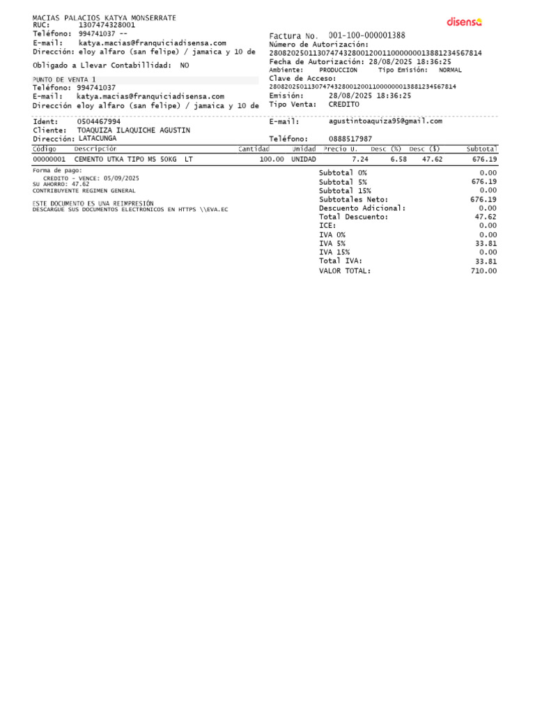 Factura de Venta de Cemento Utka | PDF