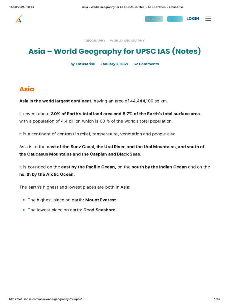 Asia Geography for UPSC IAS Notes | PDF | Africa | Asia