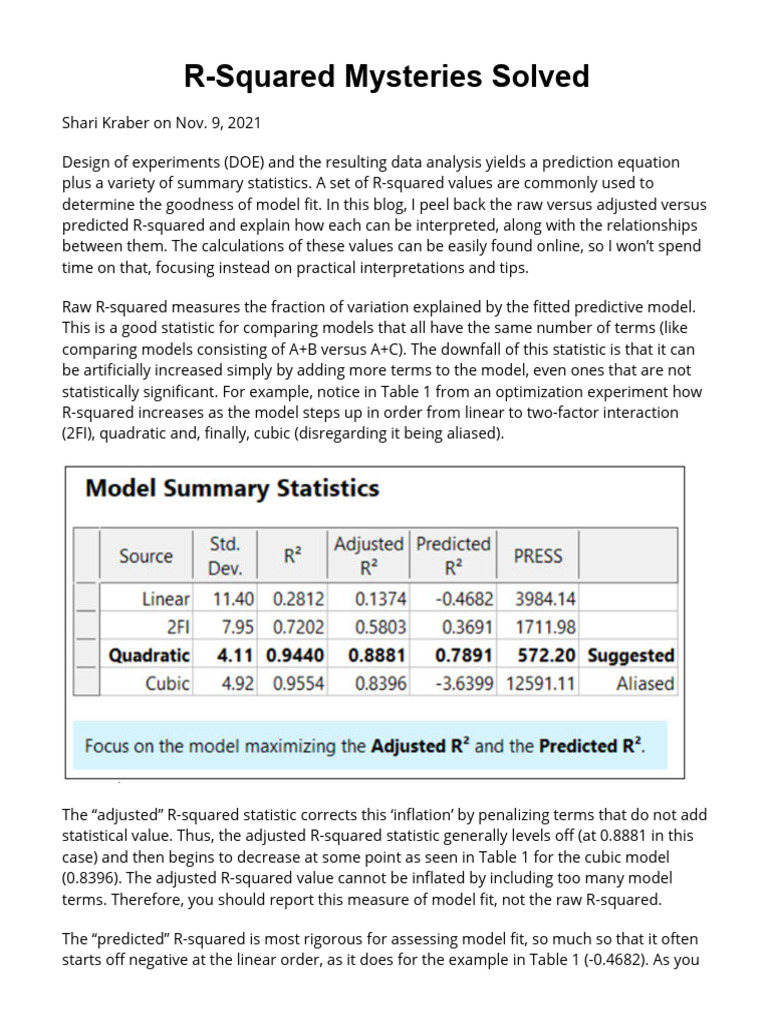 Understanding R-Squared Values in DOE | PDF | Coefficient Of ...