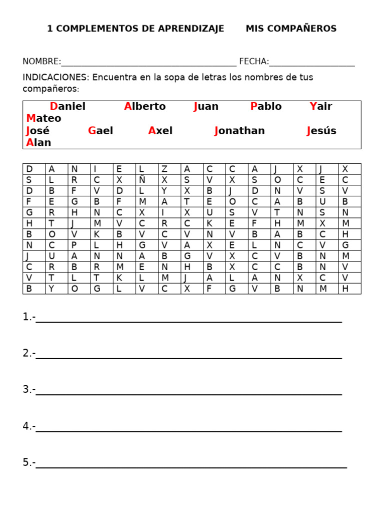 Sopa de Letras: Nombres de Compañeros | PDF