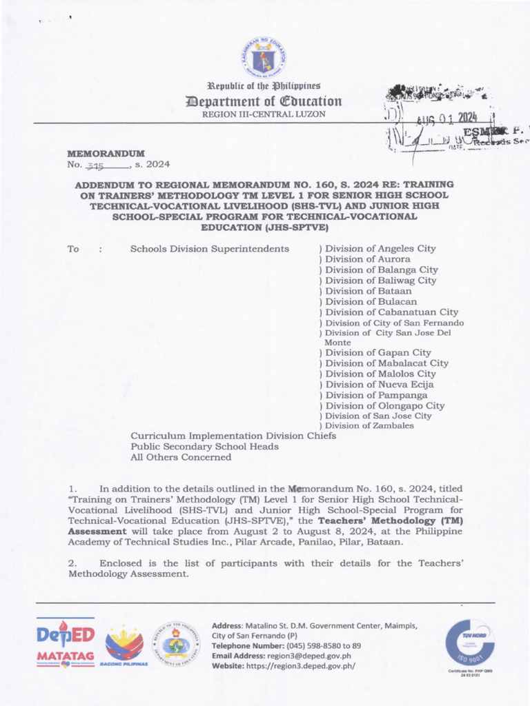 Memorandum No. 315 S.2024 Addendum To Regional Memorandum No. 160 S ...