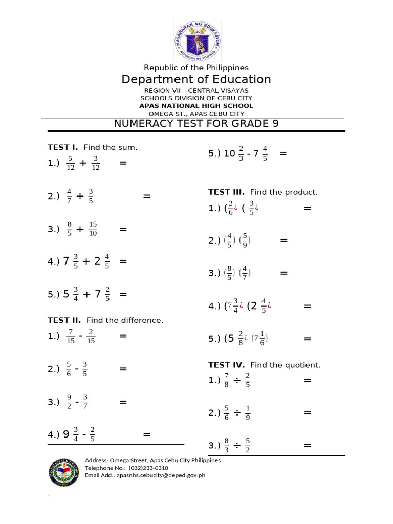 Grade 9 Numeracy Test Philippines | PDF | Chess Theory | Chess