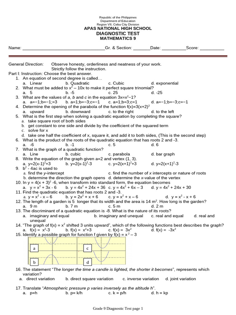 Grade 9 Mathematics Diagnostic Test | PDF | Triangle | Quadratic Equation