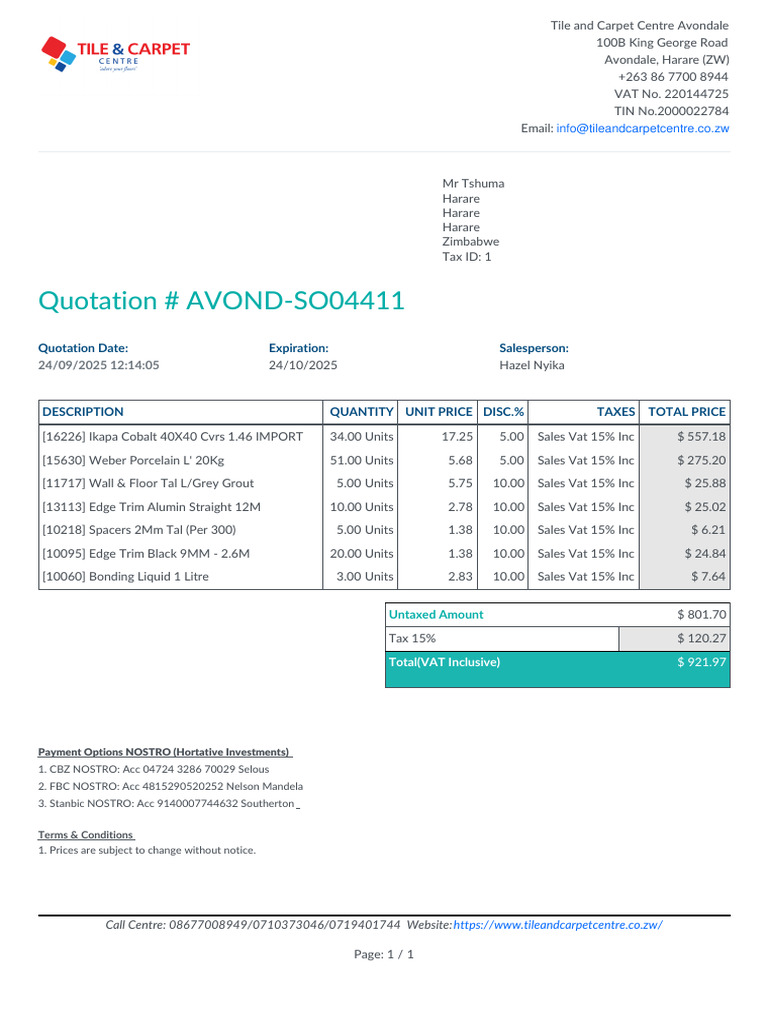 Quotation for Tile and Carpet Supplies | PDF | Taxes