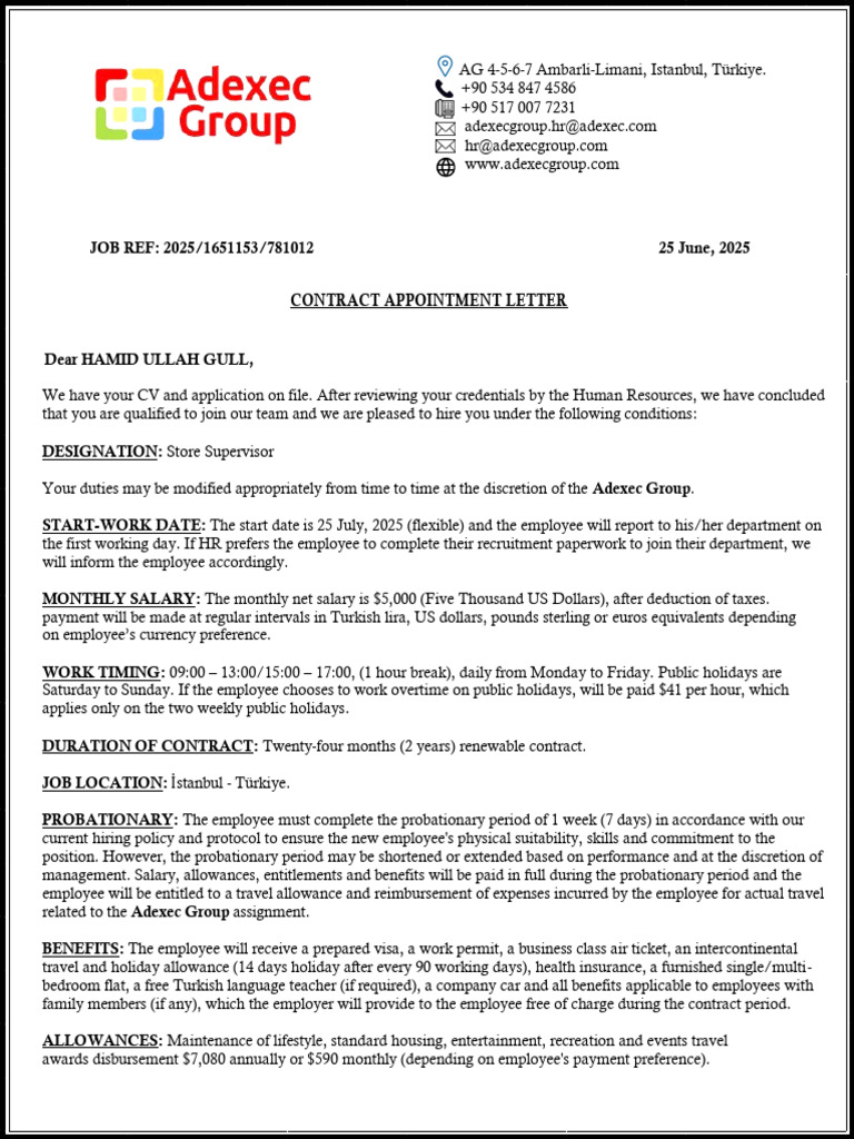 Store Supervisor Appointment Details | PDF | Employment | Salary