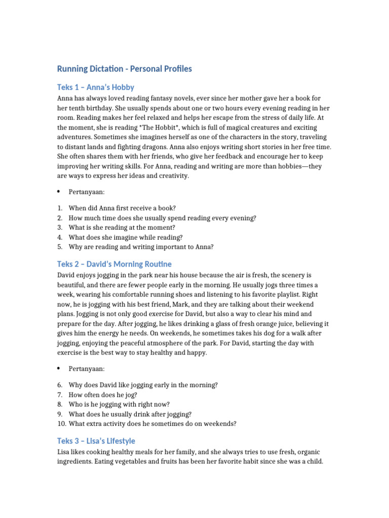 Running Dictation Personal Profiles | PDF | Cooking | Meal