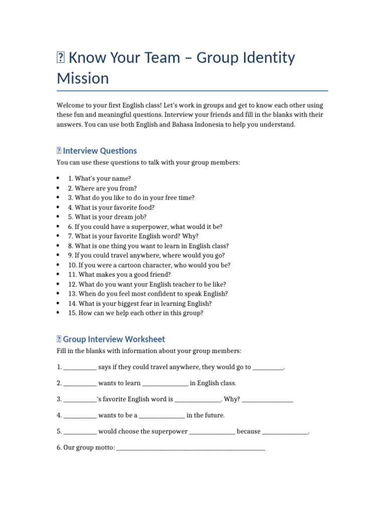 Team Building Questions for English Class | PDF