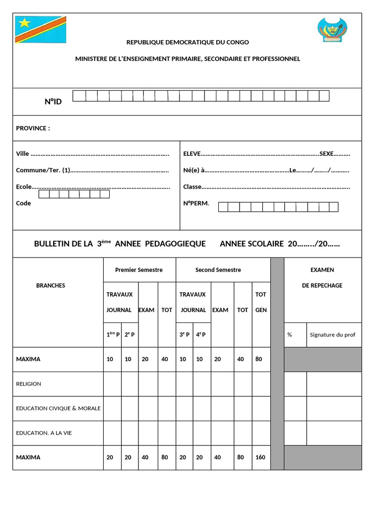 Bulletin Scolaire 3ème Année RDC | PDF