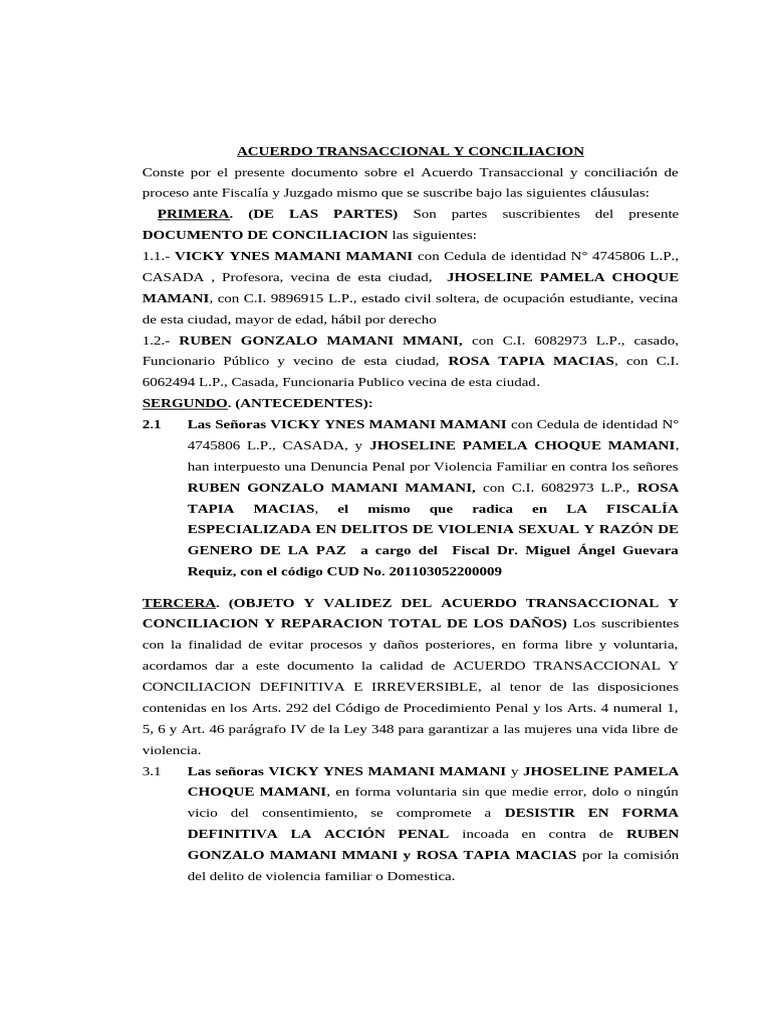 Acuerdo de Conciliación por Violencia Familiar | PDF | Justicia ...