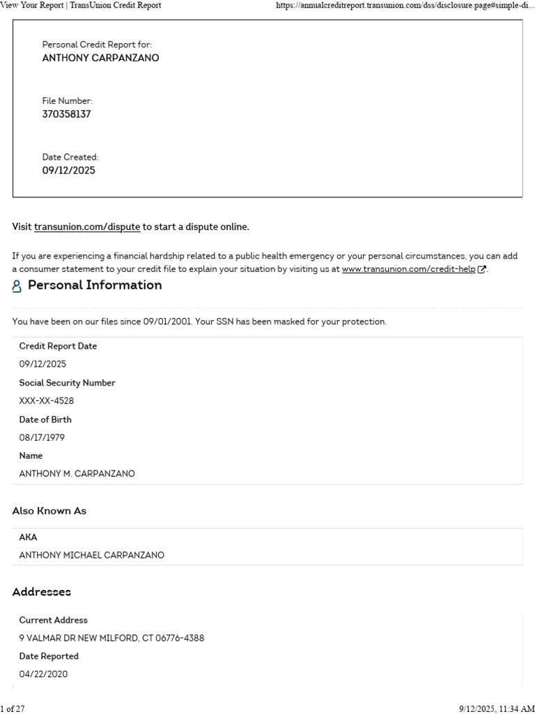 Anthony Transunion Disclosure - Page | PDF | Bankruptcy | Credit