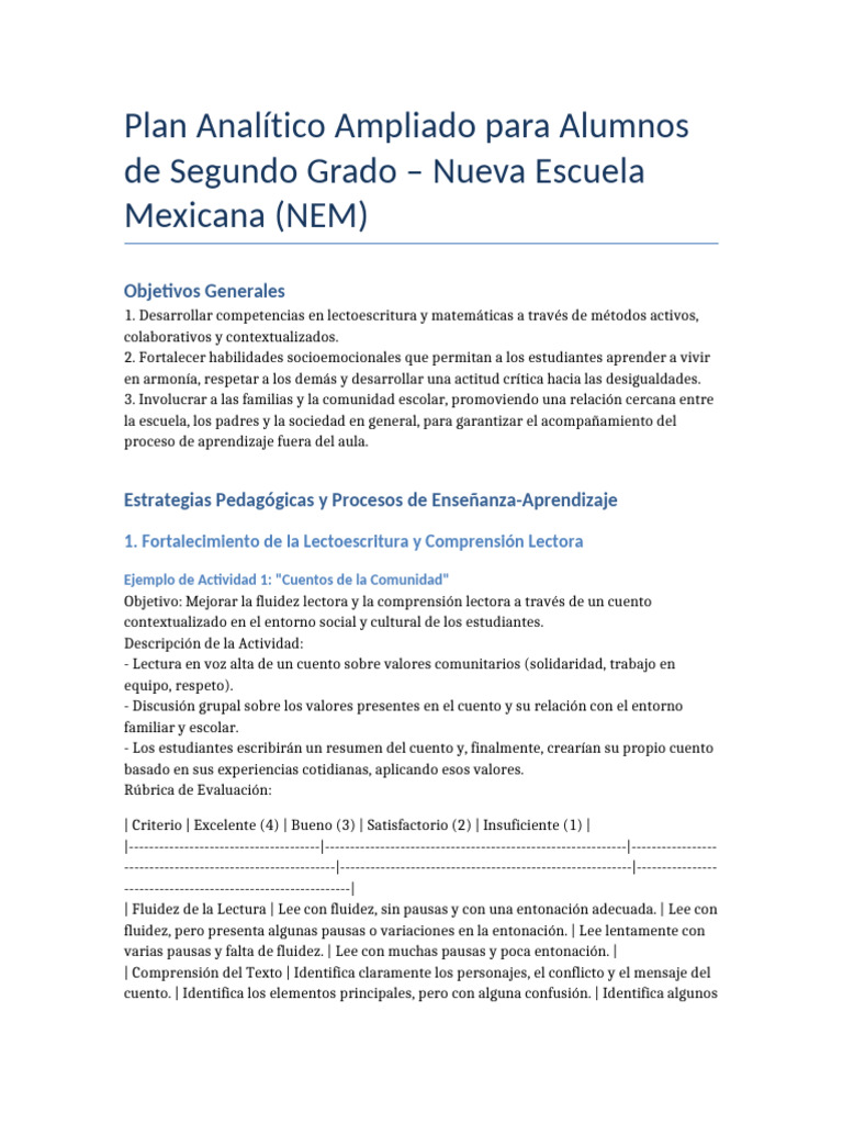 Plan Analítico para Segundo Grado NEM | PDF | Aprendizaje | Gramática