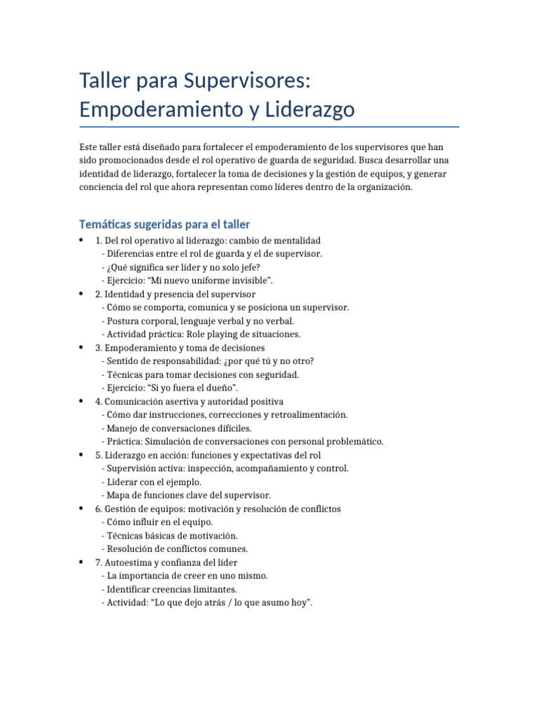 Taller de Liderazgo para Supervisores | PDF | Liderazgo | Empoderamiento