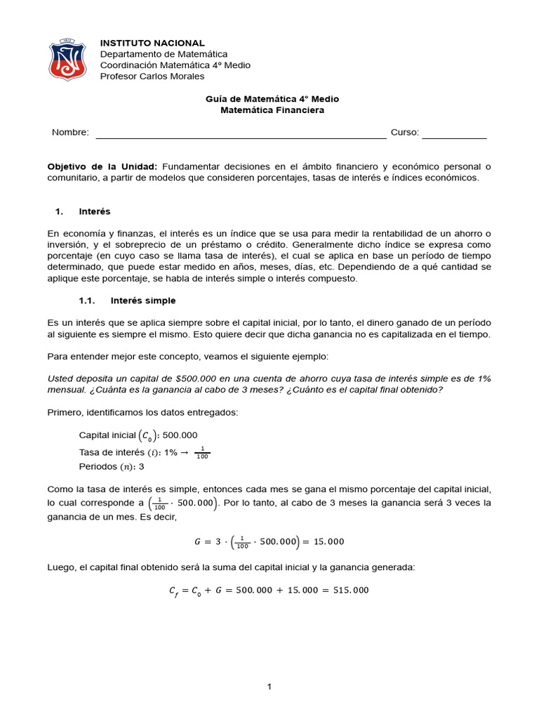 Guía de Matemática Financiera 4° Medio | PDF | Interés | Tasas de interés