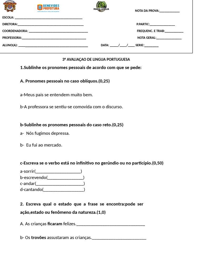 Avaliação de Língua Portuguesa 3º Ano | PDF | Sintaxe | Famílias ...