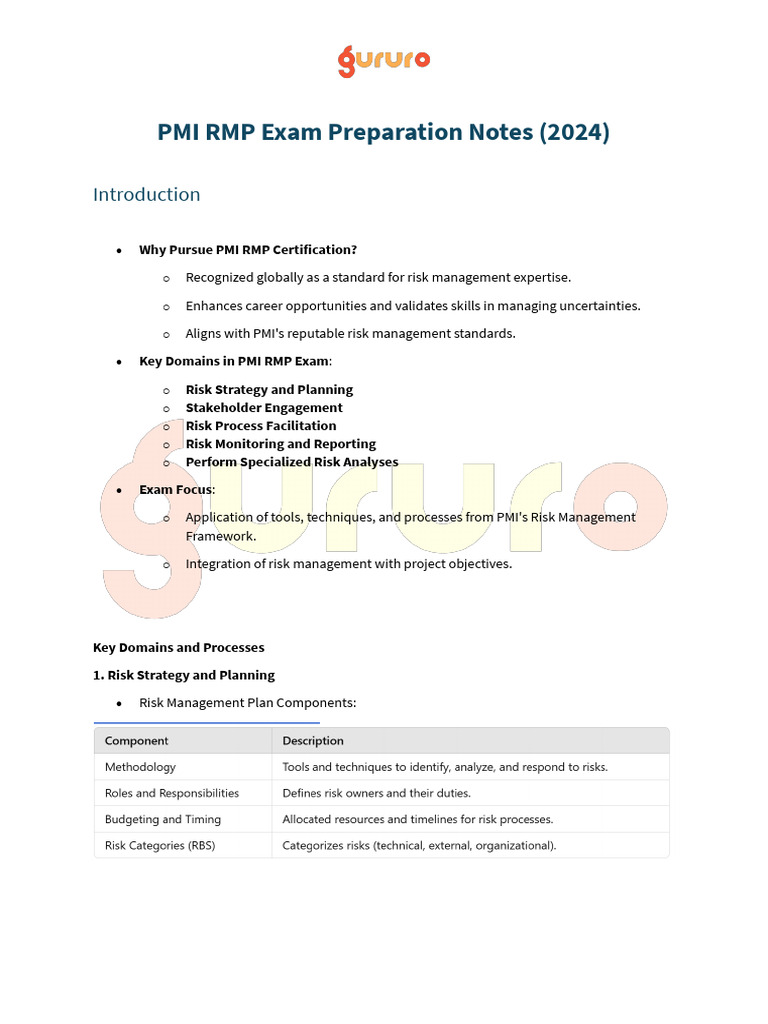 PMI RMP Exam Prep Notes 2024 | PDF | Risk | Risk Management