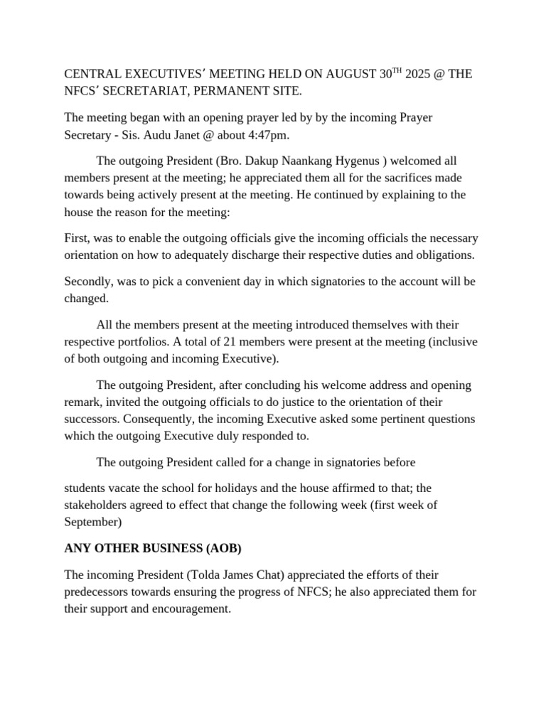 NFCS Central Executives' Meeting Summary | PDF